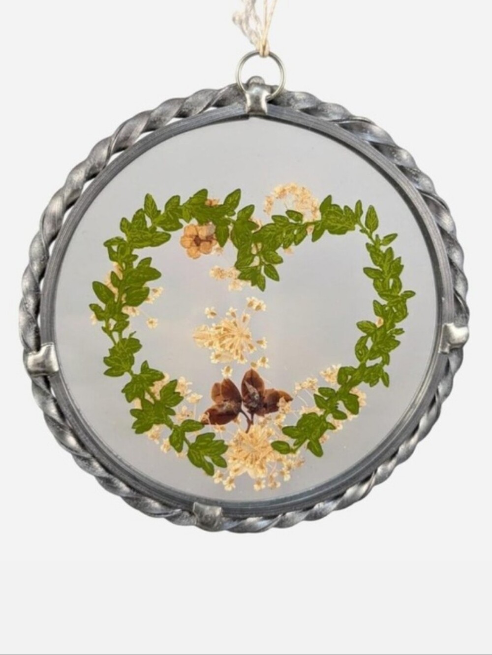 Vintage Pressed Flower Heart Suncatcher Silver Rope Frame
